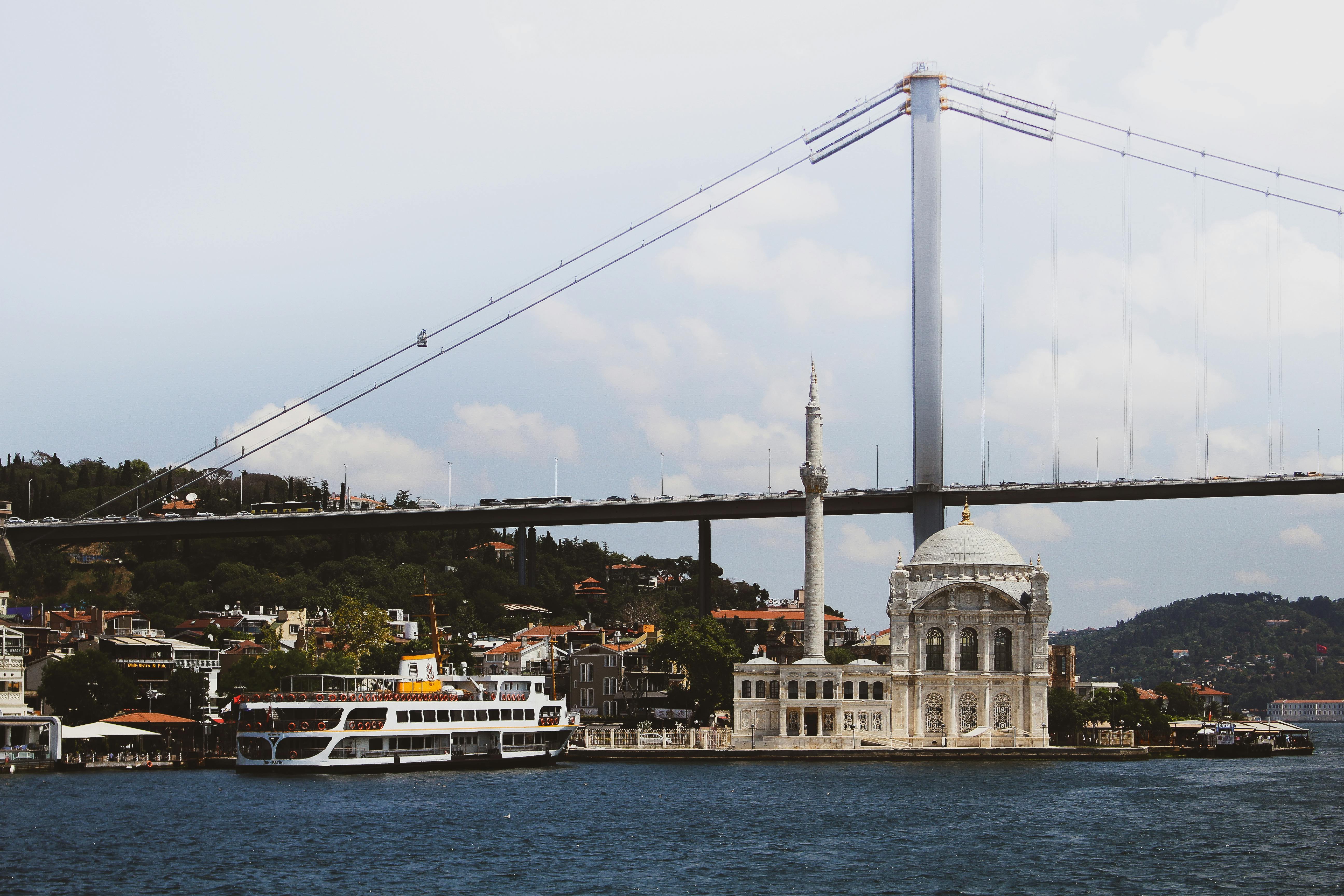 在伊斯坦布尔的博斯普鲁斯海峡大桥上，可以欣赏到海滨历史悠久的清真寺风景