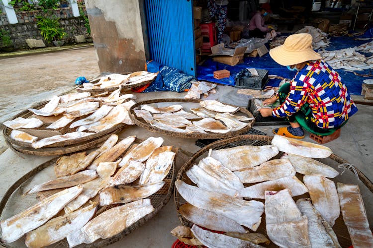 Woman Wearing A Hat Drying Fish In Baskets