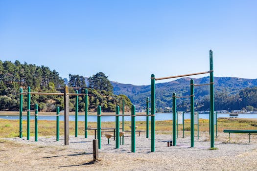 An open-air fitness park with exercise equipment by a beautiful lakeside setting, ideal for outdoor workouts.
