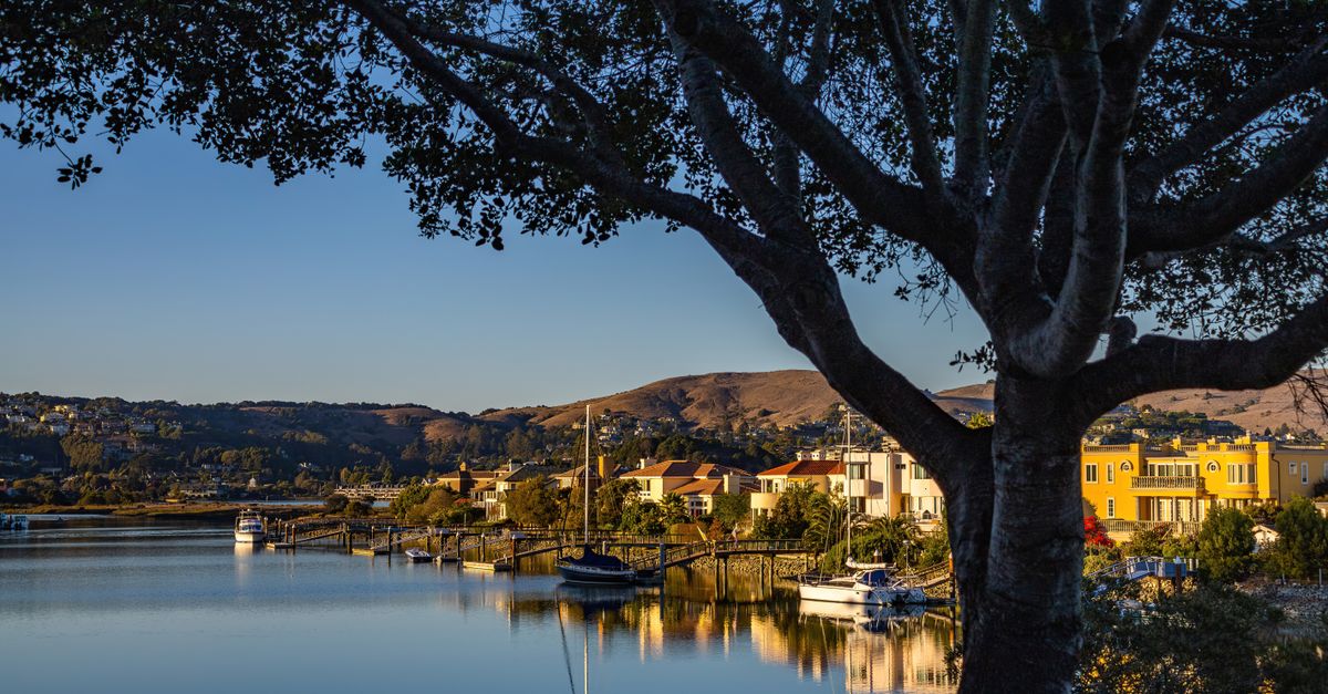 Peaceful lakeside scene with boats and reflections at sunset, framed by trees.