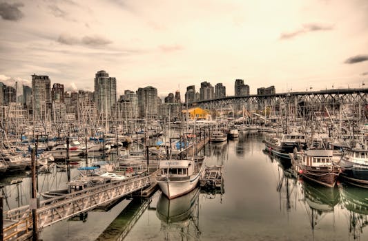 在城市港口的多云天空下，充满活力的码头边停靠着船只，周围矗立着摩天大楼