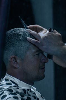 Close-up of a barber styling hair of a male client using scissors and comb in a dim-lit barbershop.