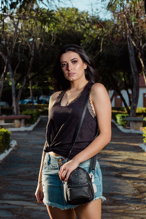 Women's Black Tank Top and Distressed Blue Denim Short Shorts