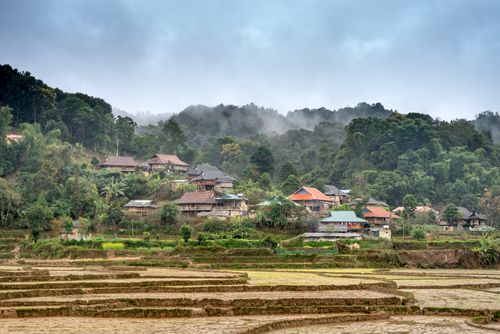 Free Serene rural village set against a lush forest backdrop, featuring traditional houses and terraced fields. Stock Photo