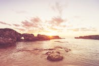 岩石海滩上，日出景色优美，海浪平静，天空色彩缤纷