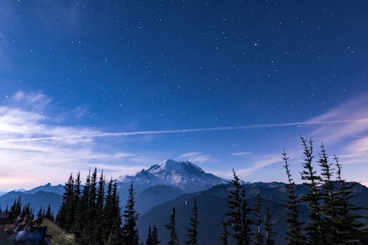 在华盛顿州恩姆克劳白雪皑皑的雷尼尔山上，星光清澈的夜晚，可见星星与树木