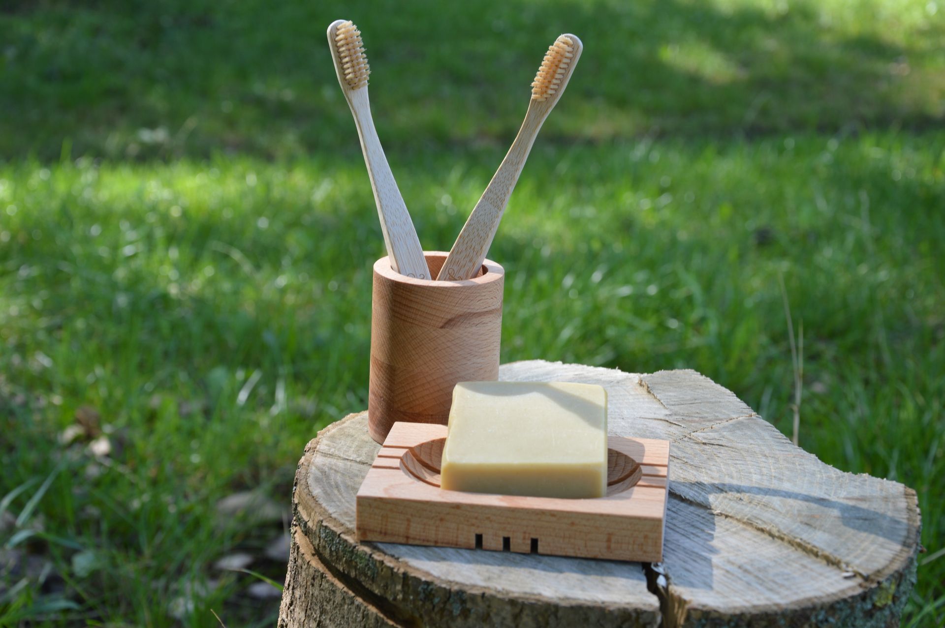 Sustainable bamboo toothbrush holder and soap on a wooden tree stump outdoors.