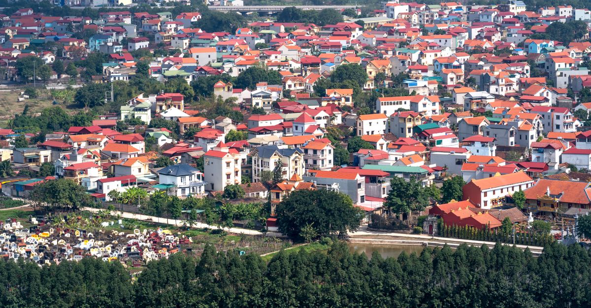 Aerial view of a colorful town with red-roofed houses surrounded by trees.