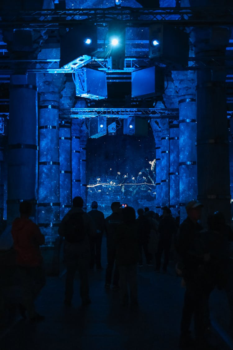 People In Dark Museum Watching Light Show