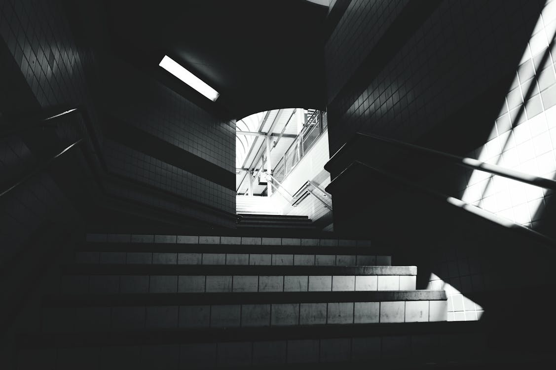 Free stock photo of black and white, stairs, station