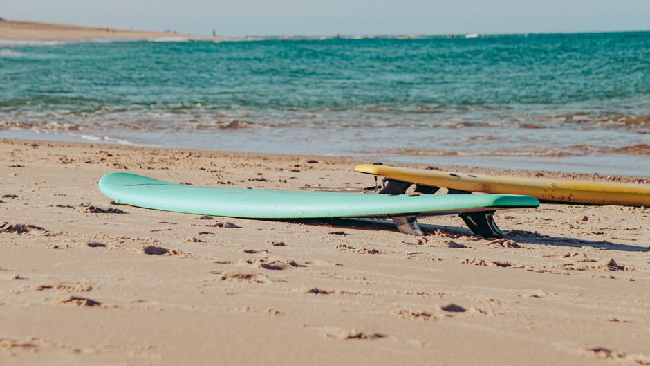 Vibrant surfboards resting on a sandy beach by the ocean shore, perfect for summer vibes.
