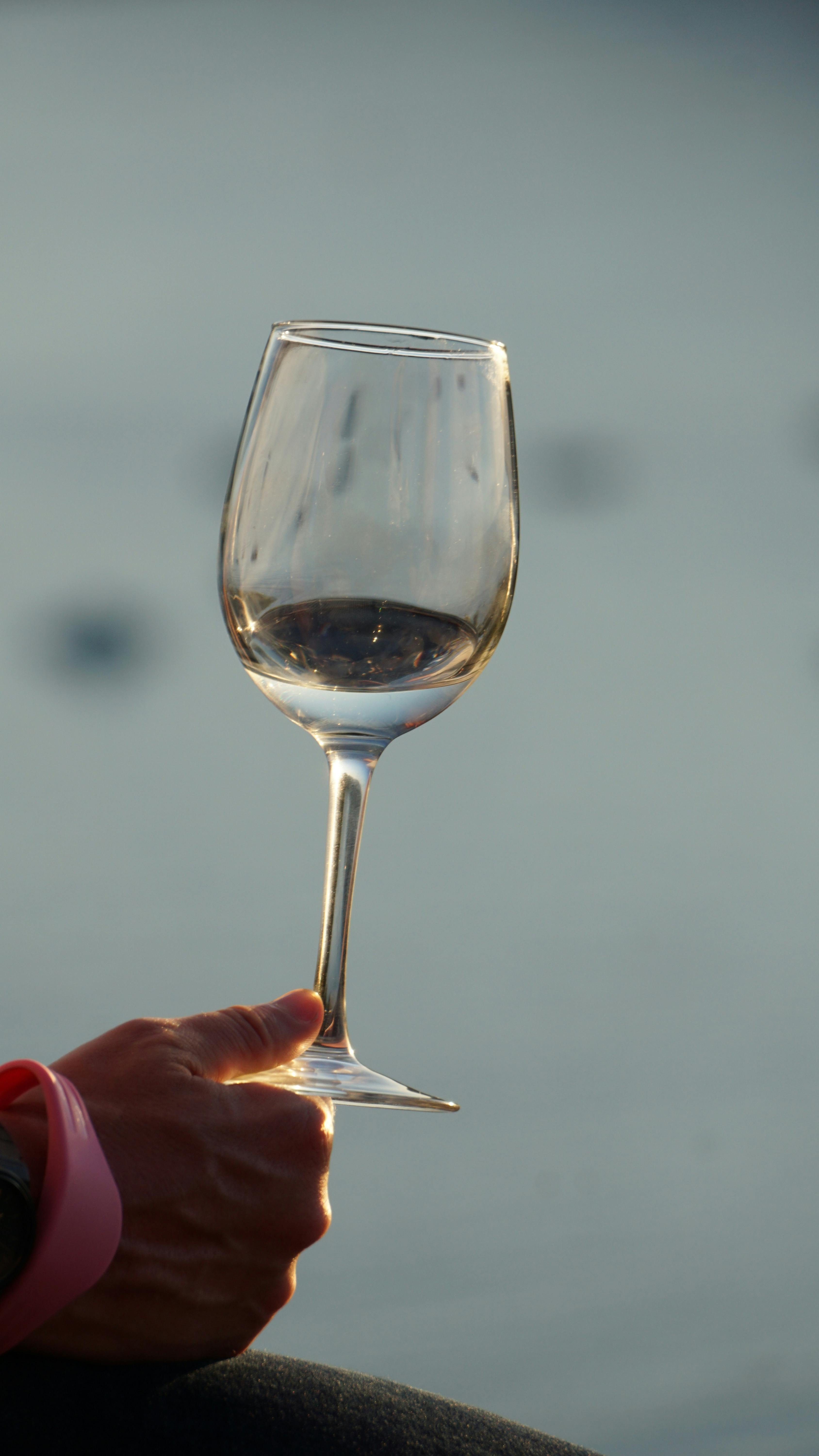 Free A hand holding an elegant wine glass against a tranquil outdoor setting, perfect for lifestyle imagery. Stock Photo