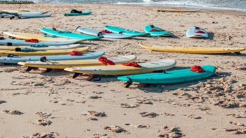 Free Colorful surfboards resting on a sandy beach in San Sebastián, Spain, perfect for summer adventures. Stock Photo