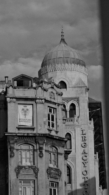 Black and white photo capturing Istanbul's unique architectural heritage and historic skyline.