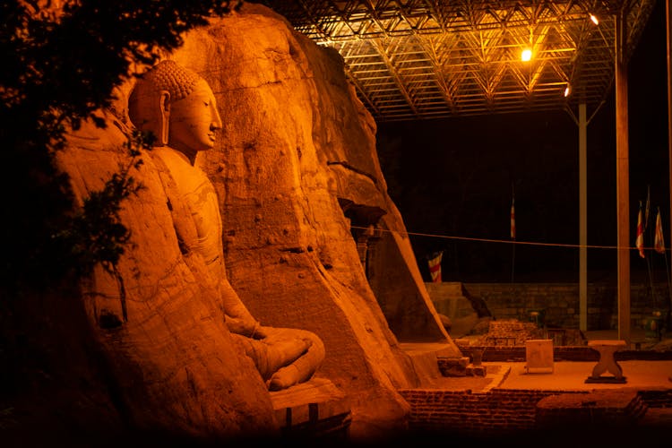 Buddhist Statue And Temple At Night 