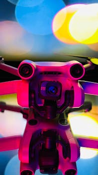Close-up photo of a drone with vibrant reflections and colorful bokeh lights in the background.