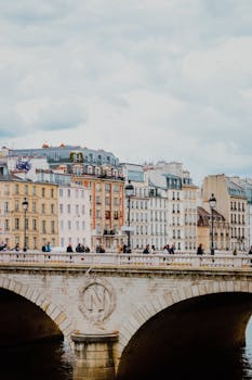 Beautiful view of a historic bridge and classic Parisian buildings under a cloudy sky.