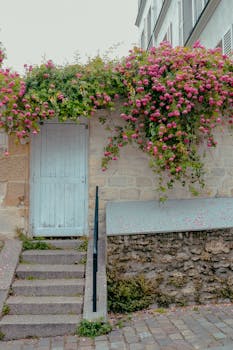 A picturesque Parisian doorway adorned with vibrant pink flowers on a quiet street.