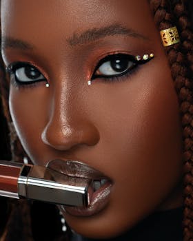 Intense close-up of a woman showcasing bold makeup and braided hairstyle holding lipstick.