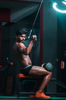 A focused man performing a cable workout, showcasing dedication and strength in a gym setting.
