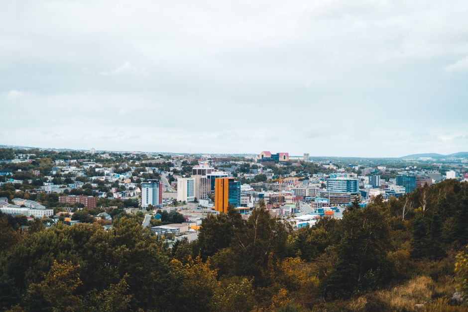 Grand Knik Helicopter Tour - 2 hours 3 landings - ANCHORAGE AREA - A panoramic view captures a city's skyline with a blend of architecture and lush green trees.