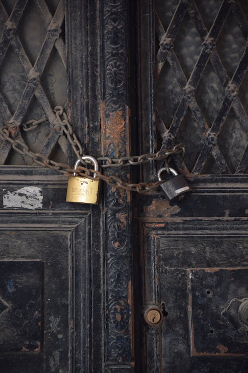 Close-up of Padlocks on Old Doors