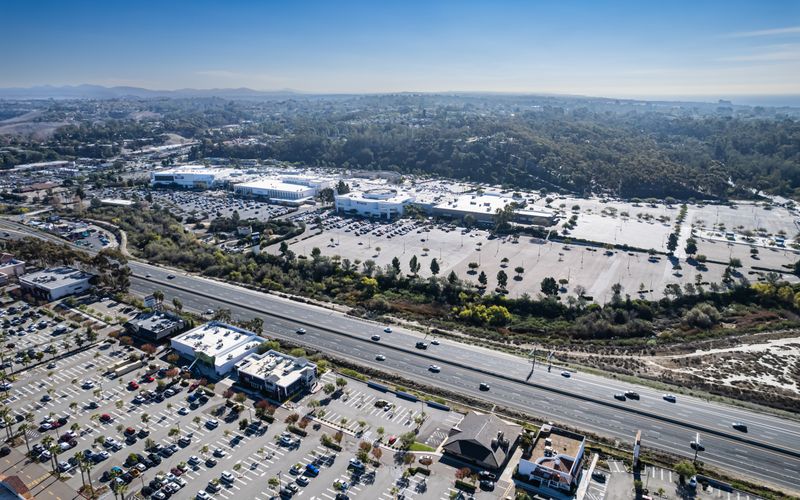 Aerial view of large shopping centers in Oceanside, California