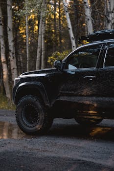 A rugged SUV navigates a forest trail during twilight, perfect for adventure enthusiasts.