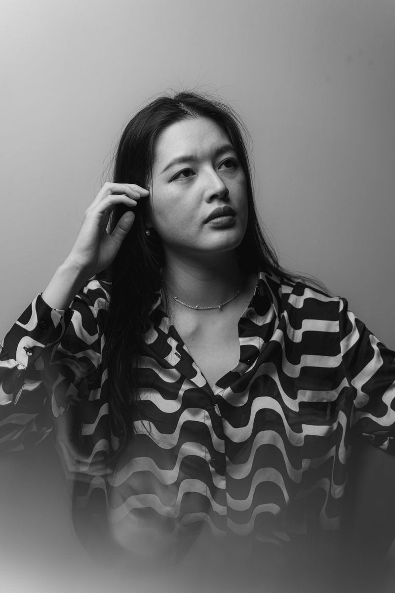 Placed cut-out: portrait in a graphic wave-print shirt, photo by Ashley Nazario on Pexels