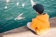 在巴塞罗那，穿着橙色连帽衫的小男孩在海边观看海鸥