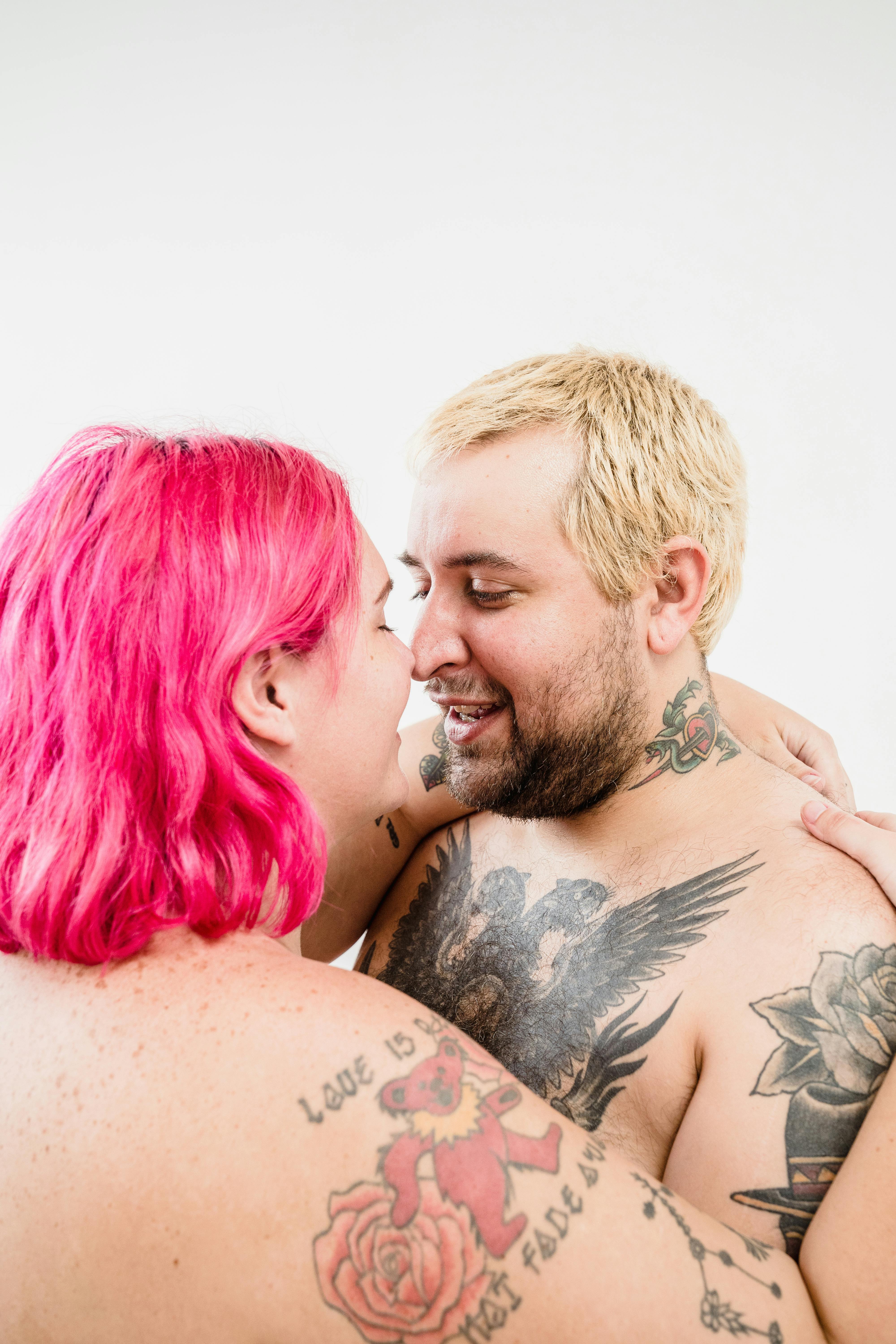 Naked Body Positive Couple with Tattoos Hugging · Free Stock Photo