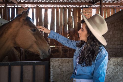 Free A woman gently touching a horse in a rustic stable in Mexico City. Stock Photo