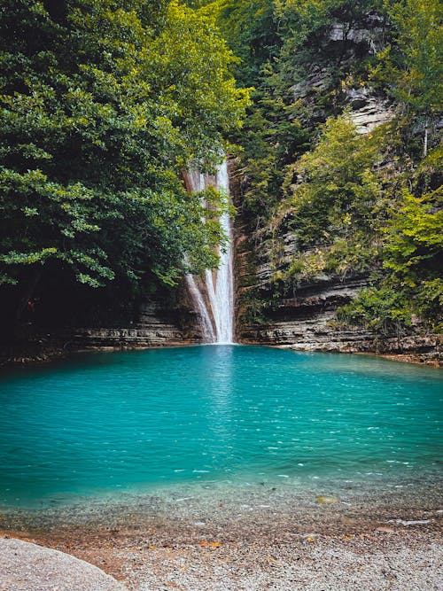 A Waterfalls Streaming on River in the Middle of Green Trees at the Forest