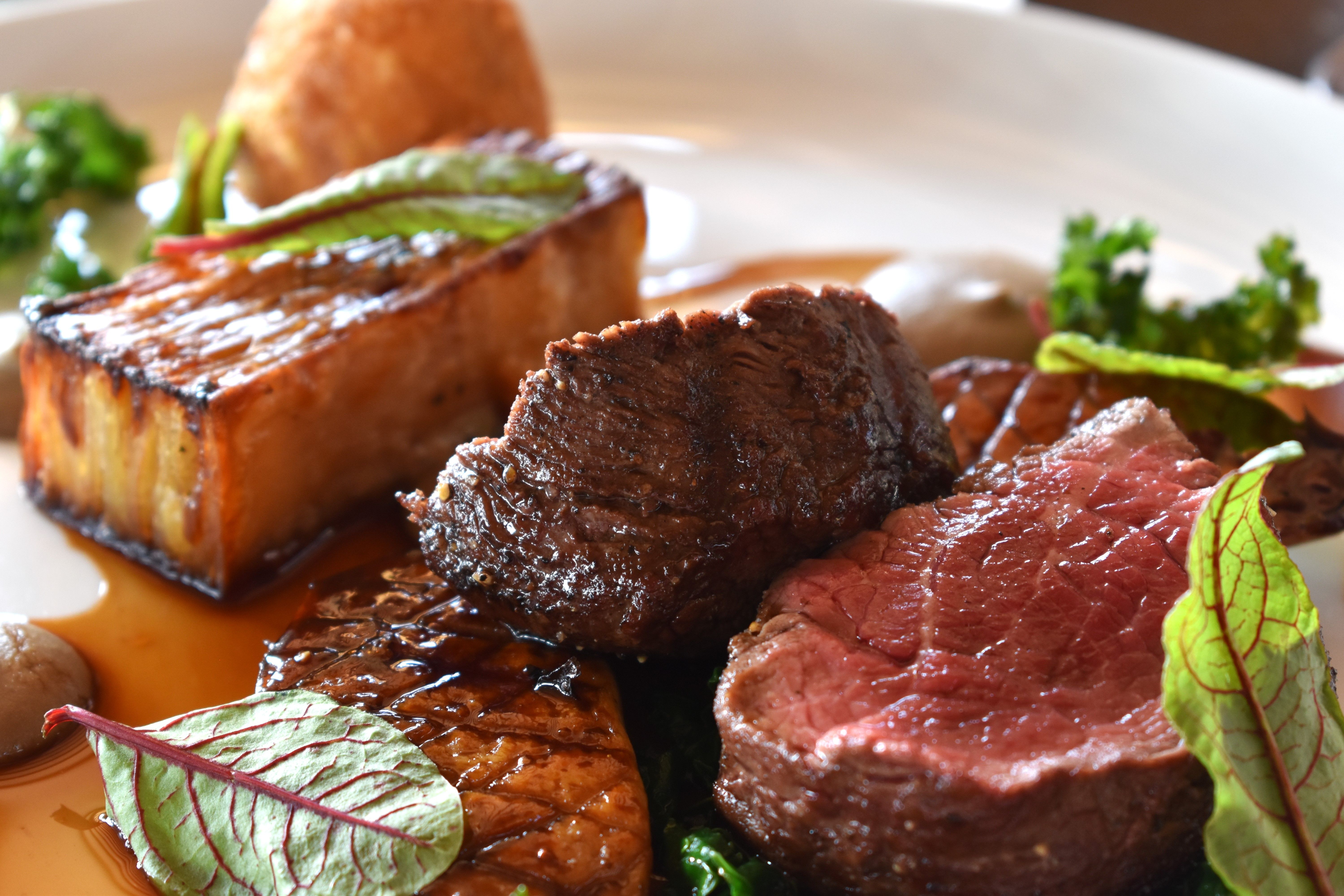 Delicious gourmet beef dish with vegetables, featuring vibrant presentation, perfect for food photography.