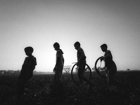 Silhouette of 3 Men and Woman Standing Beside Bicycle during Sunset