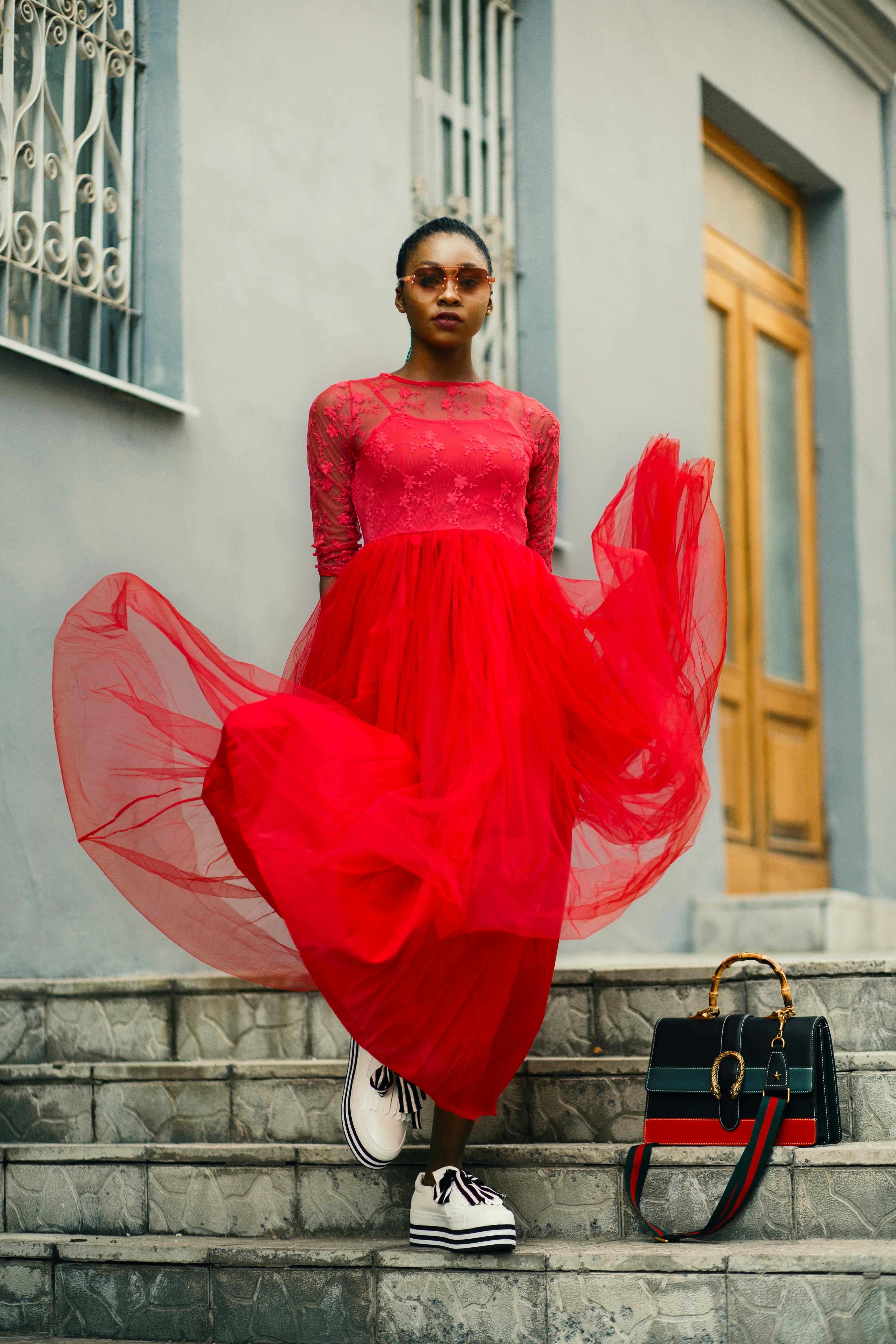 Gown : Red georgette golden sequence work party wear gown