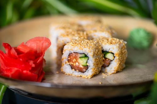 Free Rice Sushi Rolls with Pickled Ginger Stock Photo