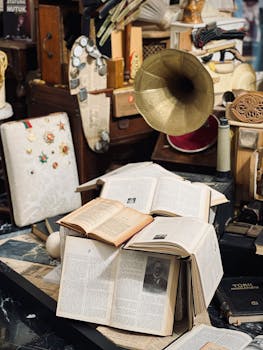 Explore a vintage store filled with books, a gramophone, and retro artifacts.