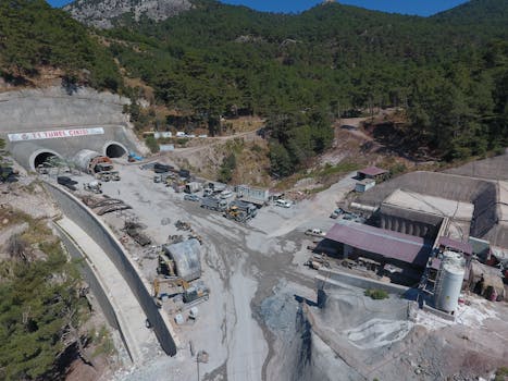 Aerial shot of a tunnel construction site in a mountainous area of Nusratlı, Çanakkale, Turkey.