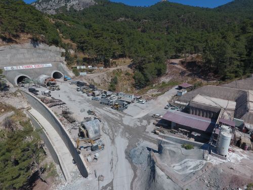 Free Aerial shot of a tunnel construction site in a mountainous area of Nusratlı, Çanakkale, Turkey. Stock Photo
