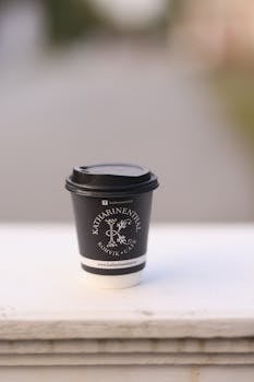 A stylish paper coffee cup on a white surface, perfect for caffeine lovers.