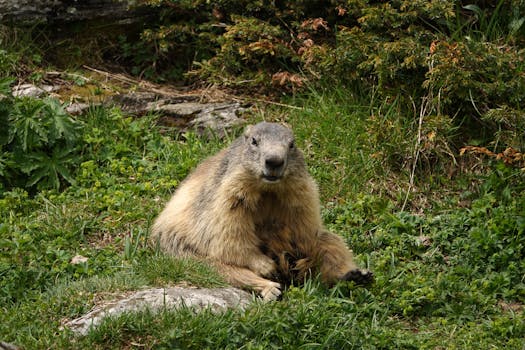A marmot sitting in a meadow surrounded by green foliage, captured in the wild.