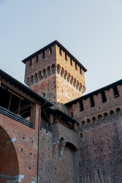 Free Low angle Shot of the Sforzesco Castle Tower in Milan Italy Stock Photo
