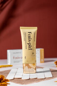 Close-up of Feria Piel skincare cream tube in a studio setting.