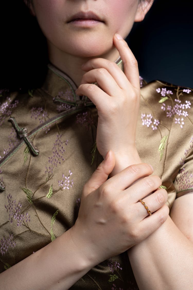 Woman Wearing A Floral Cheongsam