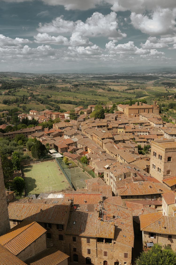 Aerial Shot Of Brown Brick Buildings