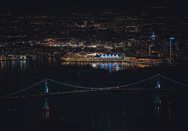 Port City And Bridge In Lights At Night