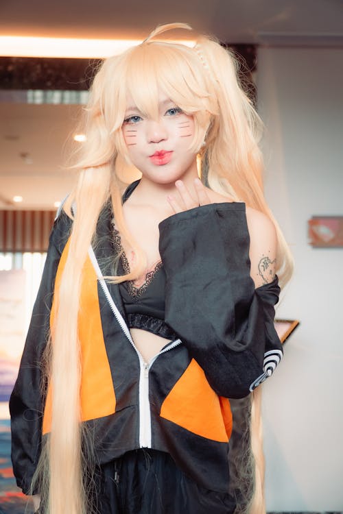 Woman Wearing Cosplay with Long Blonde Wig