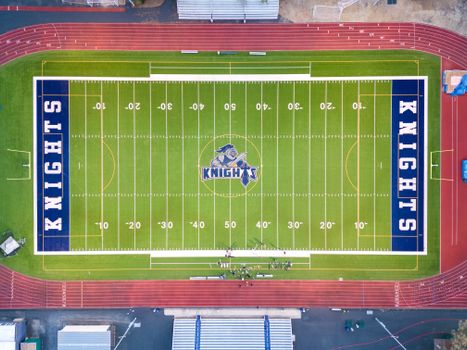 Aerial photo of Knights football field with clear markings and vibrant green grass.