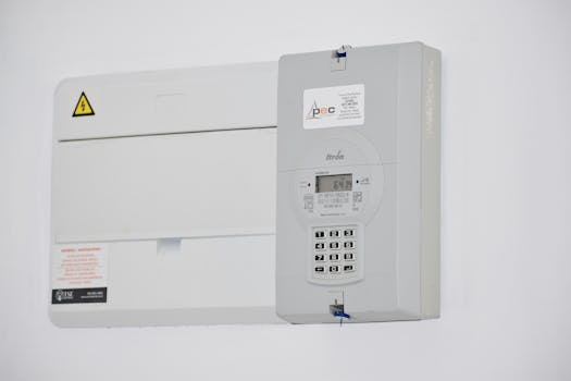 Electrical meter and fuse box on a white wall in Cape Town, South Africa, for energy monitoring or billing.